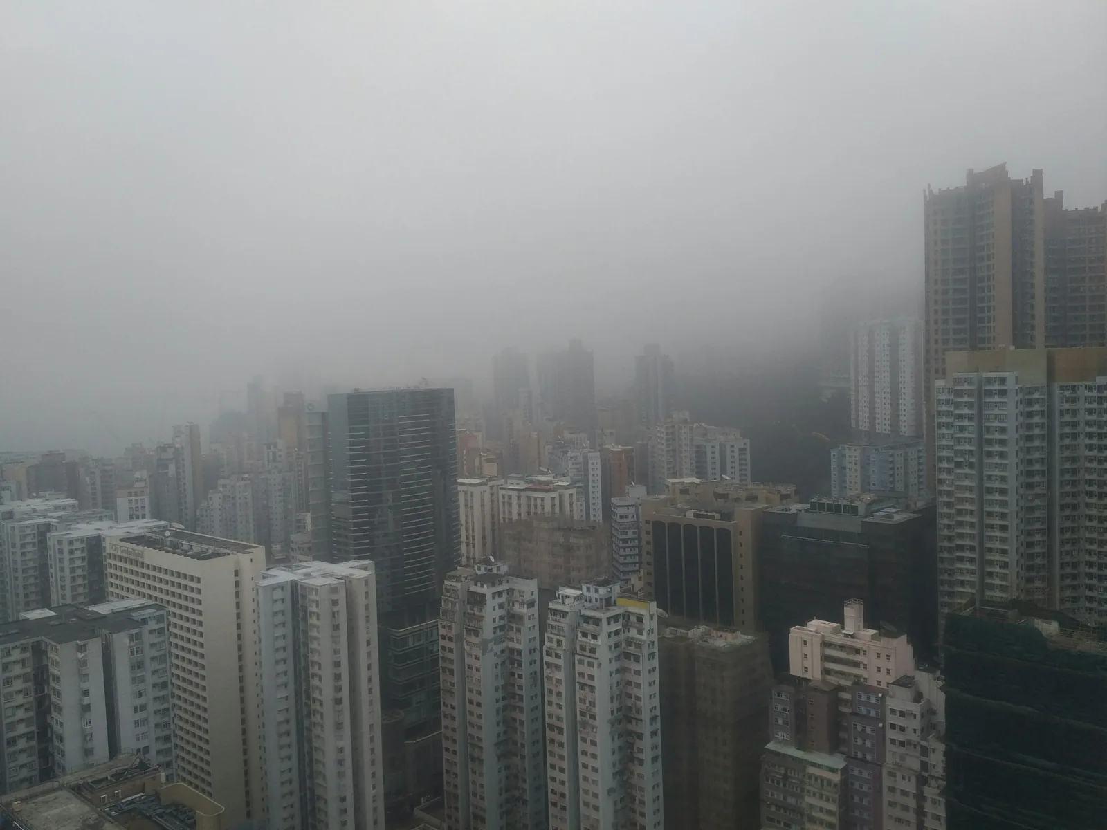 City high-rises disappearing into thick fog